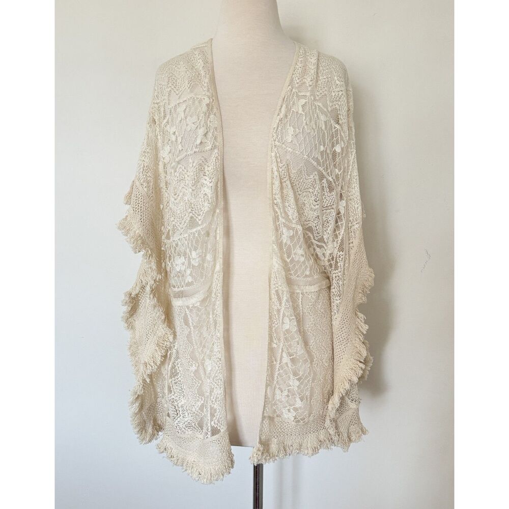 Curations Caravan Cream Boho Crochet Cardigan Fringe Open Front 1 Piece Sz M
